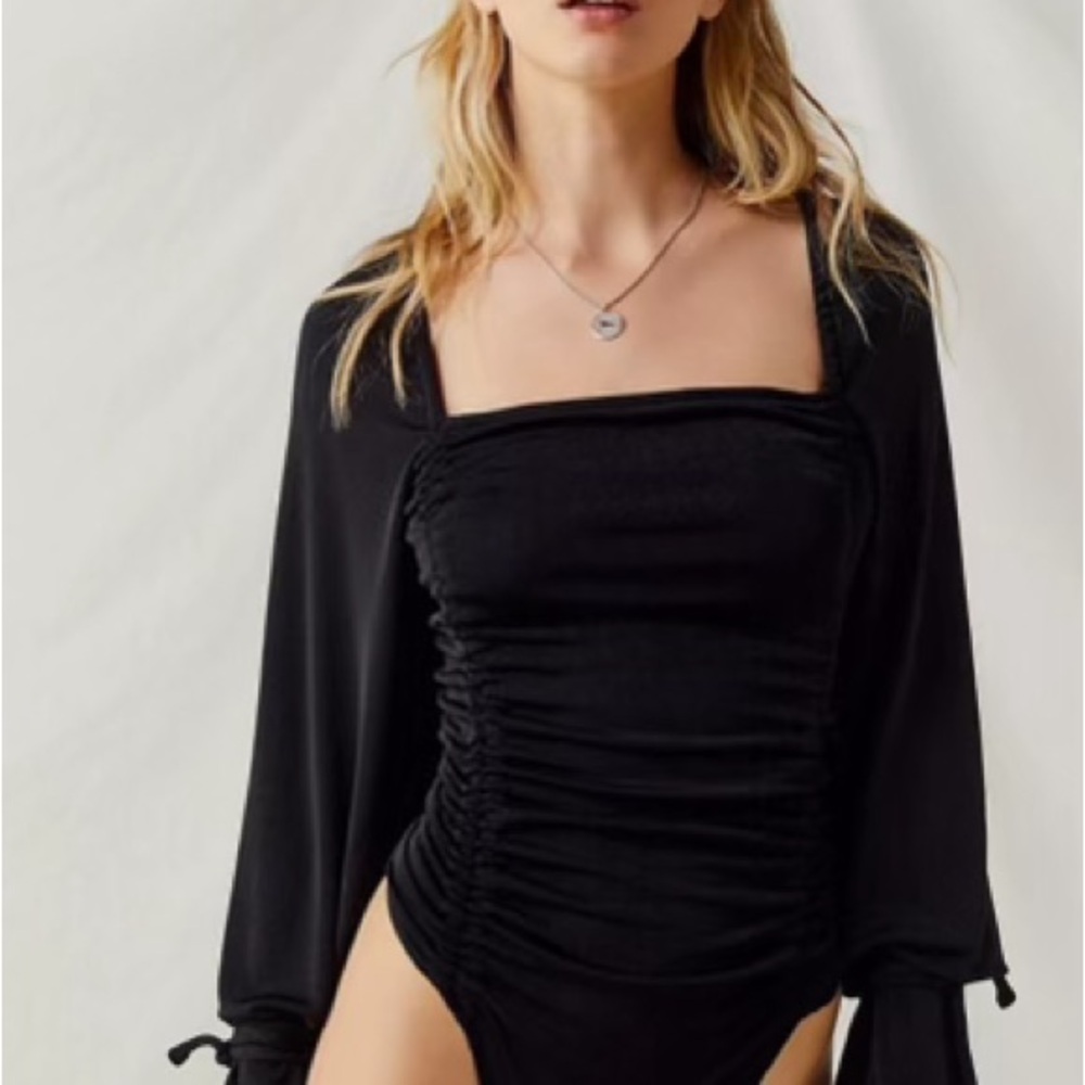 New Free People Meant To Be Bodysuit Black Square Neck Ruched Size L